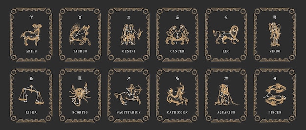 Vintage horoscope cards Zodiac symbols in vector