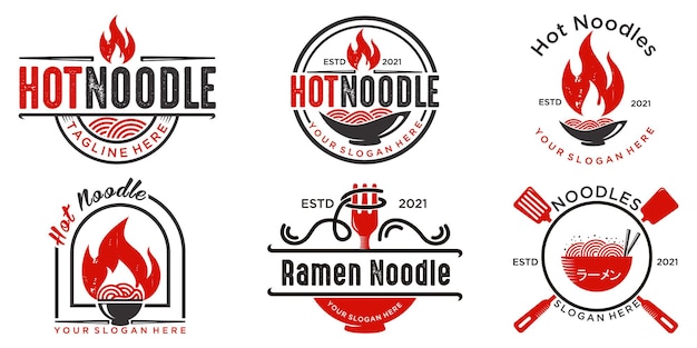 Vintage hot noodle icon set logo design Noodles bowl and fire vector