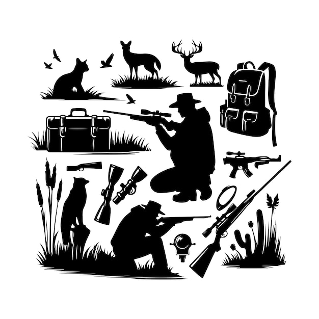 Vintage hunting elements style set silhouette vector art