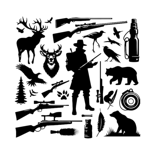 Vintage hunting elements style set silhouette vector art