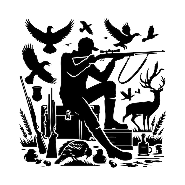 Vintage hunting elements style set silhouette vector art