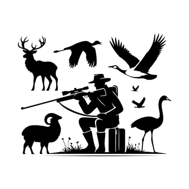 Vintage hunting elements style set silhouette vector art