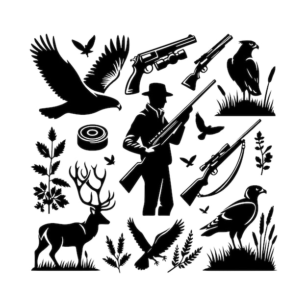 Vintage hunting elements style set silhouette vector art