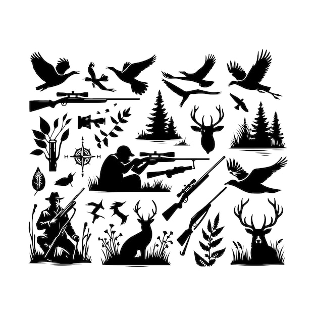 Vintage hunting elements style set silhouette vector art