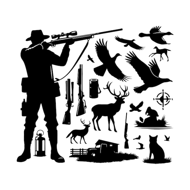 Vintage hunting elements style set silhouette vector art