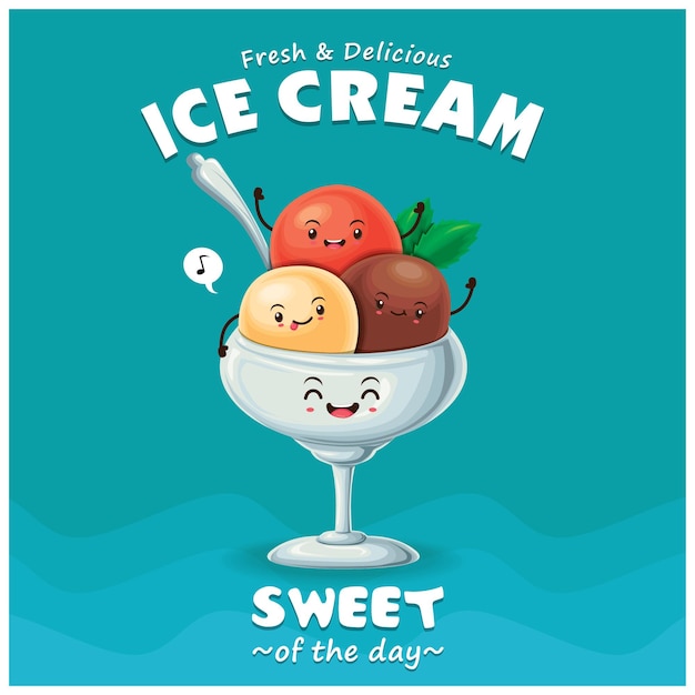 Vintage ice cream poster design with vector ice cream character