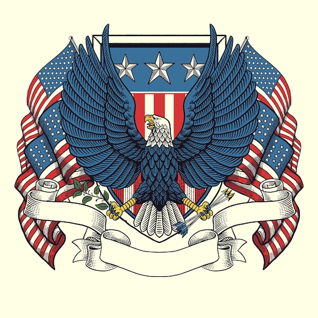 Vector vintage illustration of american eagle design with shield flags and ribbon