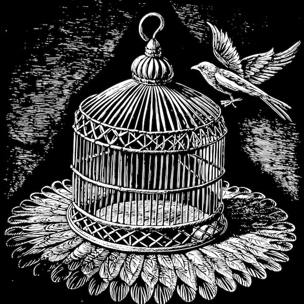 Vintage Illustration of a Bird Flying Out of an Ornate Birdcage Symbolizing Freedom and Escape