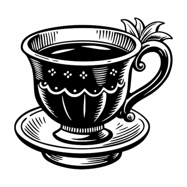 Vintage Illustration of a Decorative Teacup on a Saucer Black and White Retro Design