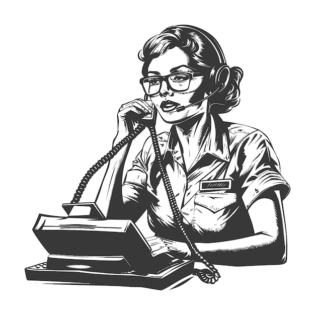 Vector vintage illustration of a female telephone operator wearing a headset and glasses