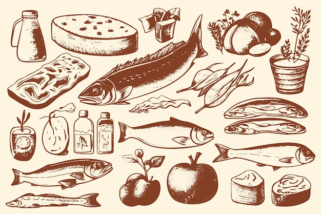 Vintage illustrations of various natural farm products such as meat cheese bread milk eggs fish and vegetables