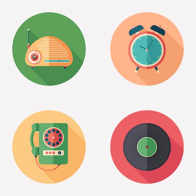 Vintage items flat round icon set.