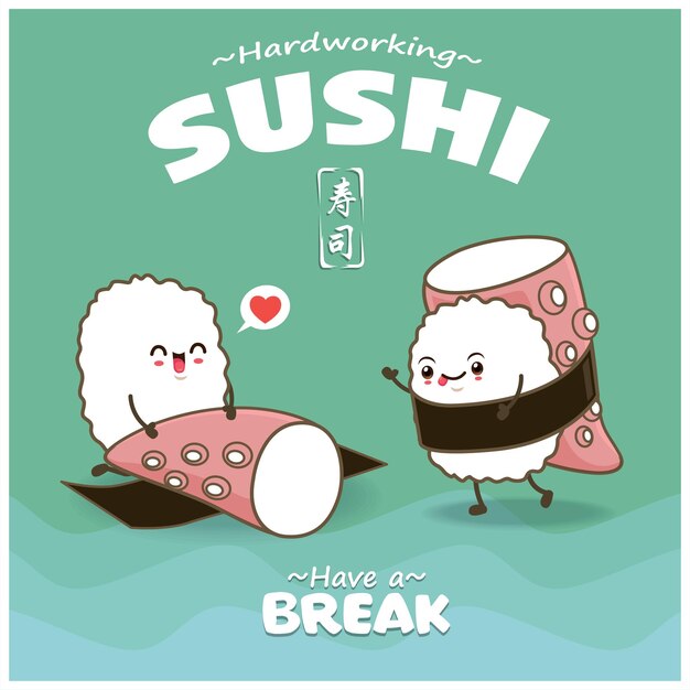 Vintage Japanese food poster design with vector sushi characters Chinese word means sushi