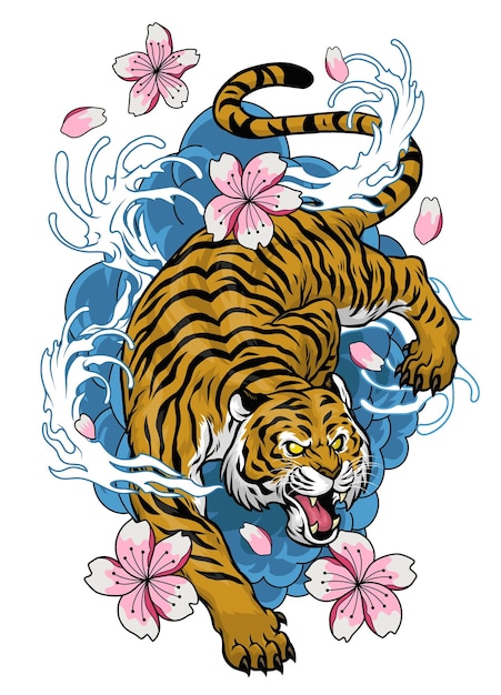 Vintage Japanese Style Illustration of Tiger Design