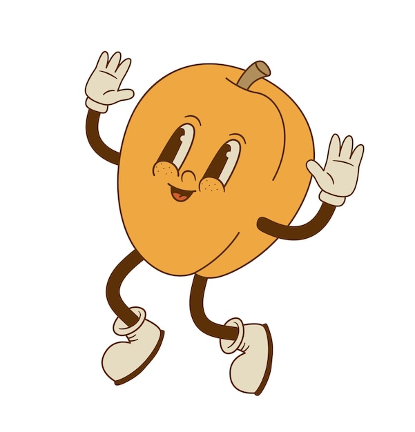 Vintage jumping apricot mascotRetro cartoon peach character vector illustration Organic vegan food