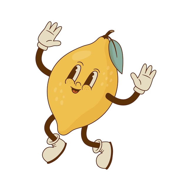 Vintage jumping lemon mascot Retro cartoon citrus character vector illustration Organic vegan food