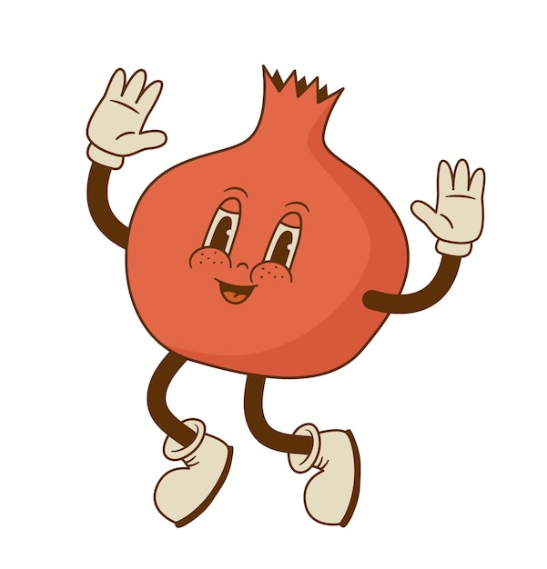 Vintage jumping pomegranate mascot Retro cartoon garnet character Organic vegan food