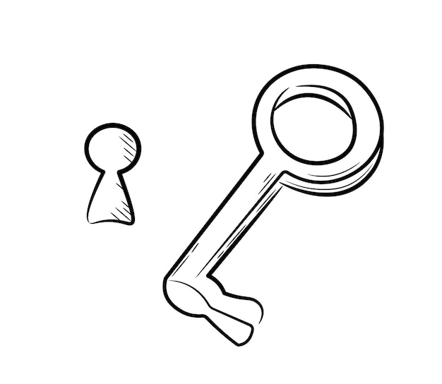 Vintage key, hand-drawn. Simple drawing in doodle sketch style. Keyhole symbol.