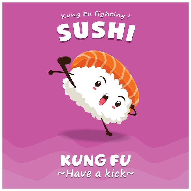 Vintage Kung Fu Sushi poster design with vector sushi character