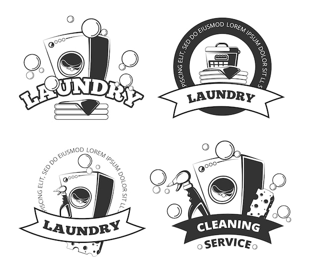 Vintage laundry service dry clean vector labels, emblems, logos, badges set. Basket and washing mach