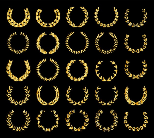 Vintage laurel wreaths set Collection of different golden silhouette circular signs depicting an award achievement heraldry nobility emblem Laurel wreath award prize or victory set