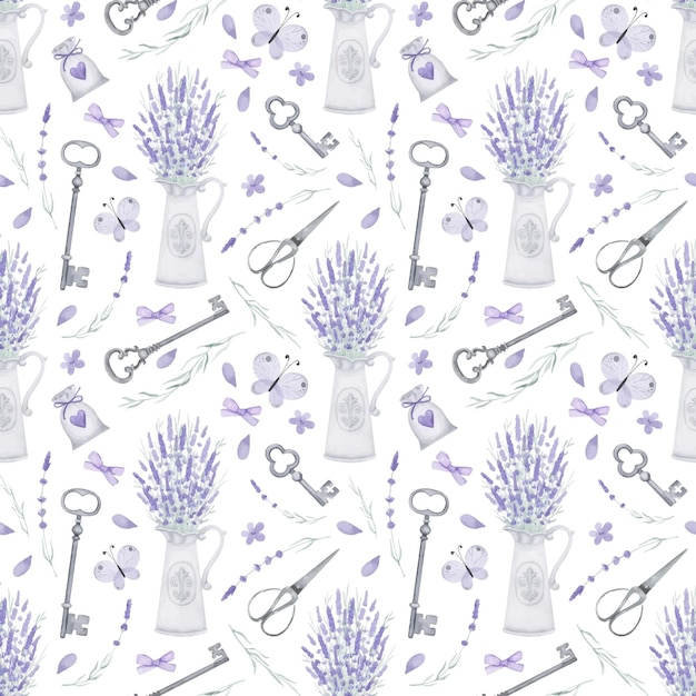 Vintage lavender bouquet seamless pattern Provence elements dig