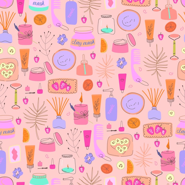 Vintage line art collection with doodle pattern cosmetics for wallpaper design