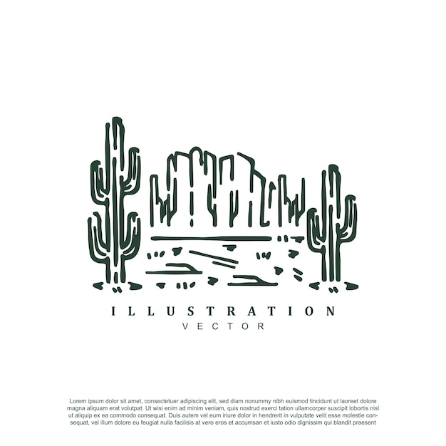 Vintage linear Sahara hill with cactus environment vector art badge