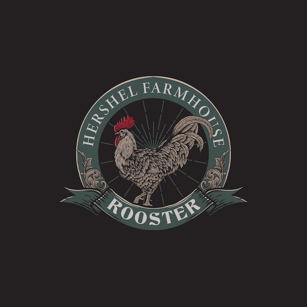 vintage logo badge of farm rooster with hand drawn style