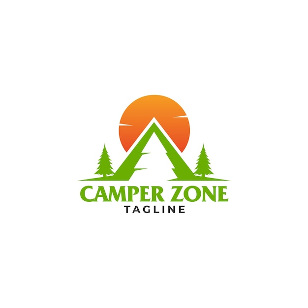 Vintage logo of camper zone sun and tree illustration