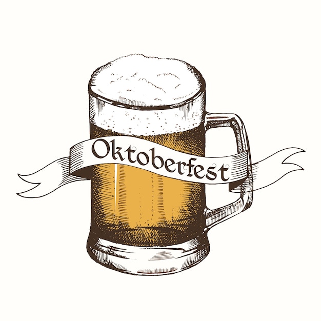 Vintage logo for Oktoberfest with ribbon and beer.