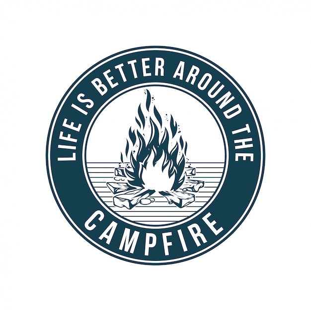 Vintage logo, print apparel design,  illustration of emblem, patch, badge with campfire, fire, flame mountain trip. Adventure, travel, summer camping, outdoor, natural, journey concept.