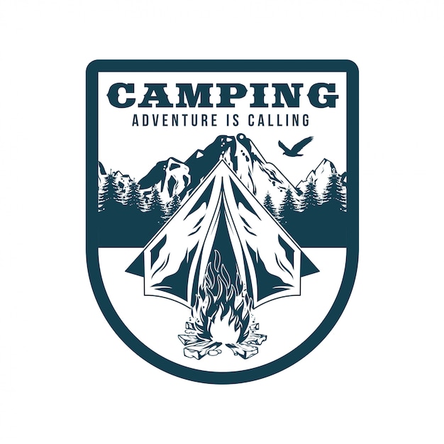 Vintage logo, print apparel design,  illustration of emblem, patch, badge with camping in forest, campfire, old tent, mountains. Adventure, travel, summer camping, outdoor, natural, journey.