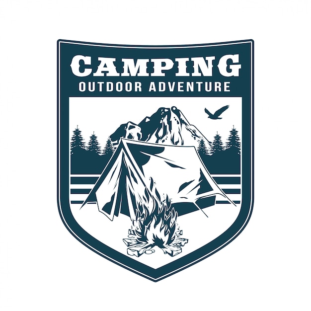 Vintage logo, print apparel design,  illustration of emblem, patch, badge with camping in forest, campfire, old tent, mountains. Adventure, travel, summer camping, outdoor, natural, journey.