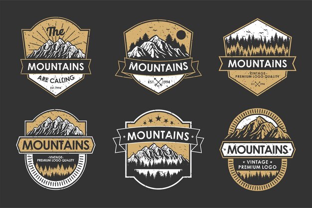 Vintage logo retro badge set adventure and outdoor mountain icon label