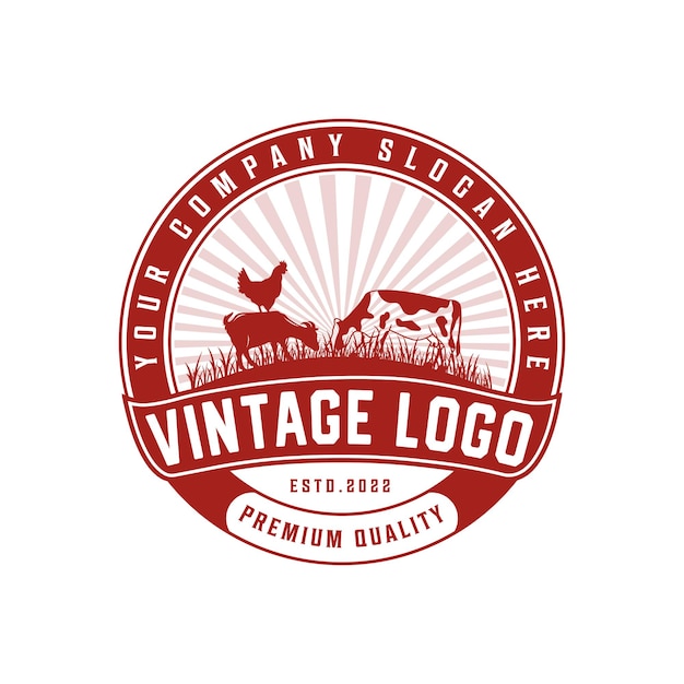 Vintage logo with cow livestock, chicken, and goat with retro vintage badges