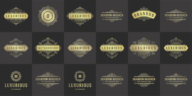 Vintage logos and monograms set elegant flourishes line art graceful ornaments victorian style vector template design