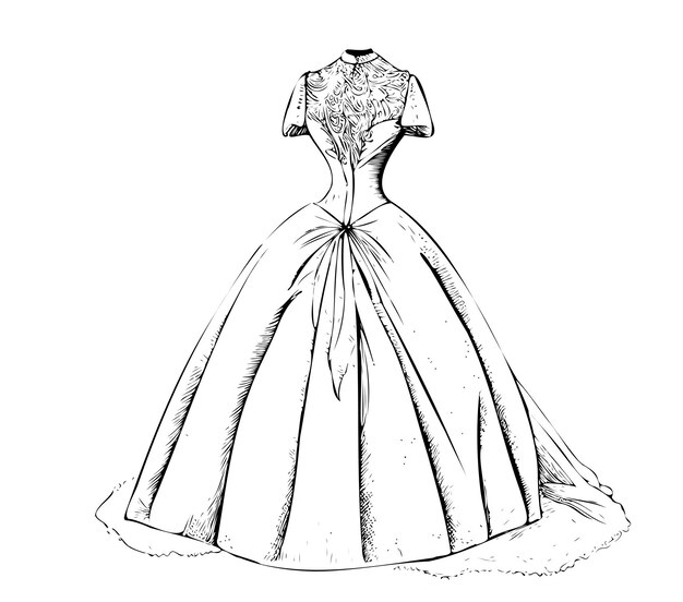 Vector vintage long wedding dress on a mannequin hand drawn sketch .vector illustration.