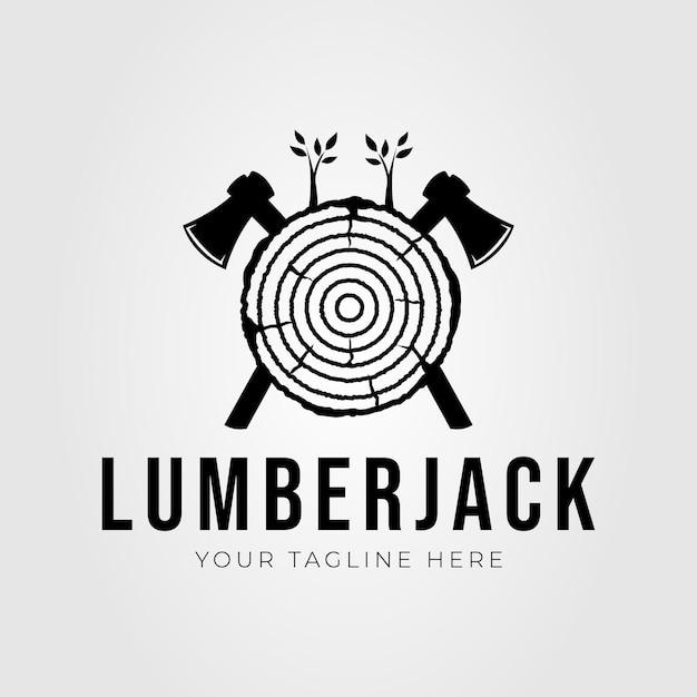 Vintage lumberjack ax and wooden logo vector illustration design