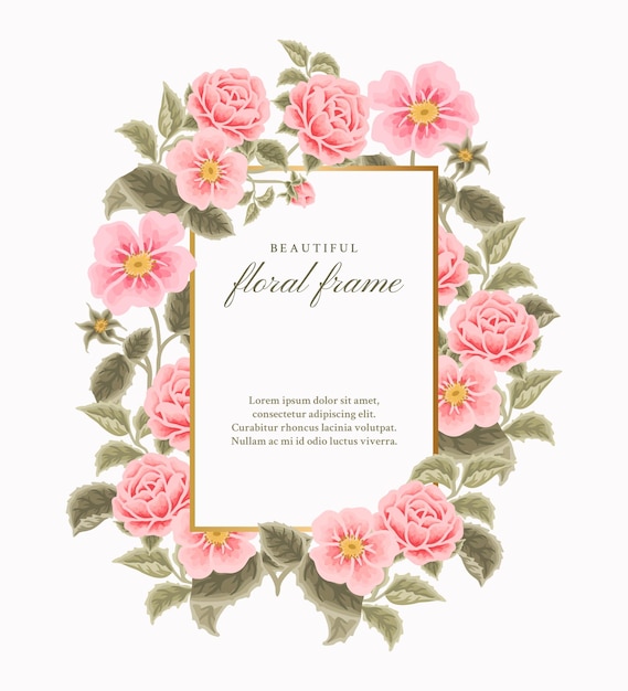 Vintage Luxury Pink Floral Frame Template with Roses Blossom Flowers and Leaf Branch Arrangements