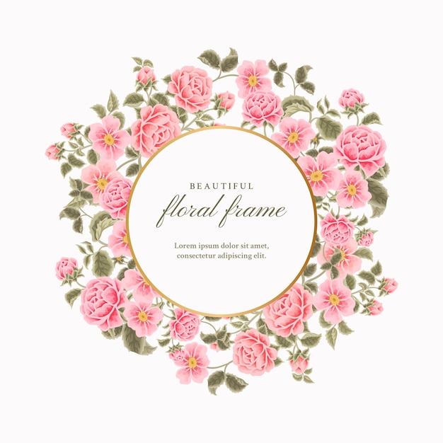 Vintage Luxury Pink Floral Frame Template with Roses Blossom Flowers and Leaf Branch Arrangements