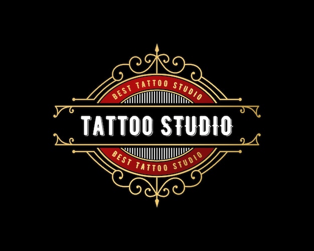 Vintage luxury tattoo studio lettering logo with decorative ornamental frame