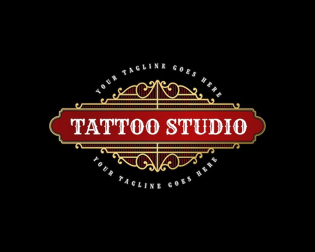 Vintage luxury tattoo studio lettering logo with decorative ornamental frame