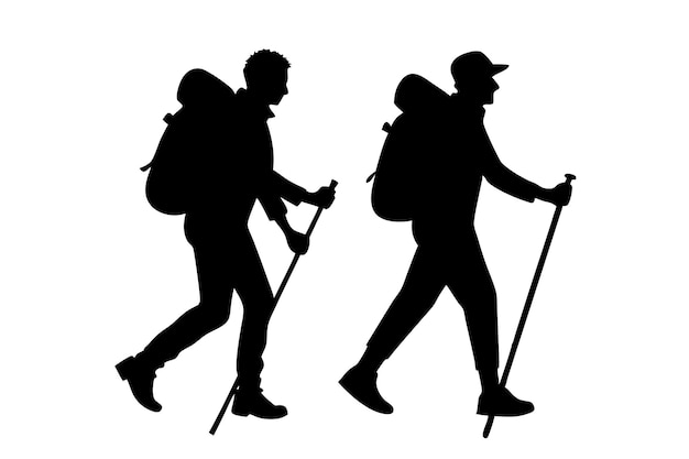 Vintage Male Hiker Silhouettes with Backpacks Isolated Design