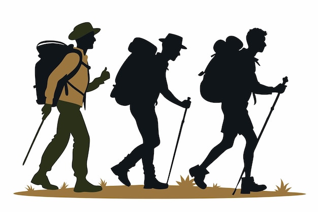 Vector vintage male hiker silhouettes with backpacks isolated design