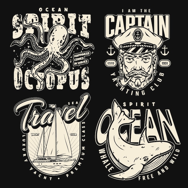 Vintage marine emblems with whale and octopus ship and sea captain in monochrome Emblem for tshirts