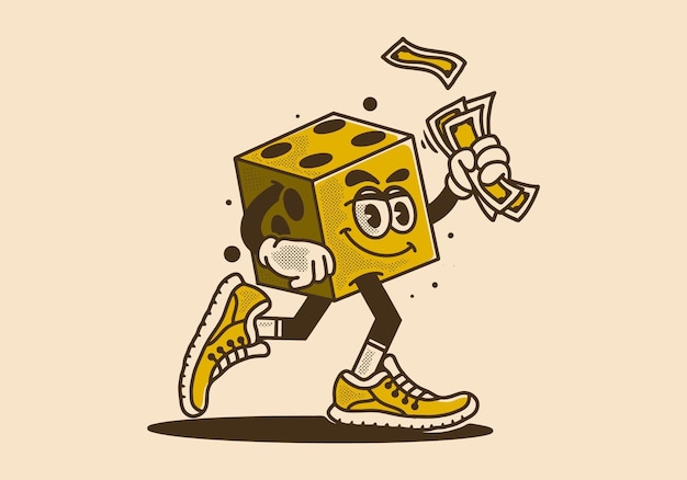 Vintage mascot character of a dice holding money