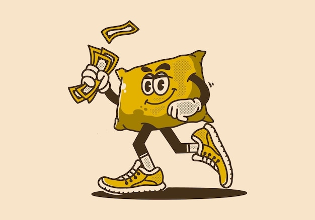 Vintage mascot character of walking pillow holding money