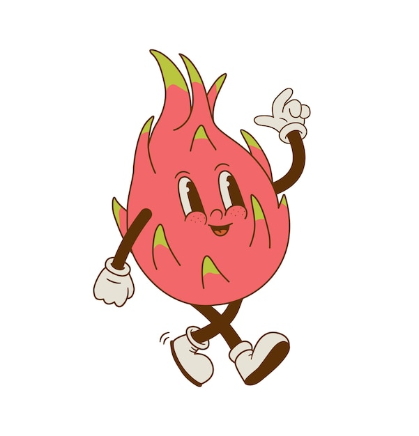 Vintage mascot of dragon fruit Funny retro cartoon tropical fruits character Pitaya