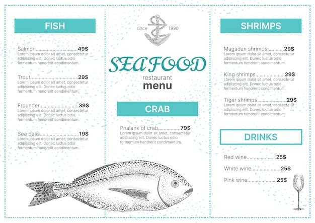 Vintage menu in retro engraving style Design for restaurants and seafood tables Vector illustration